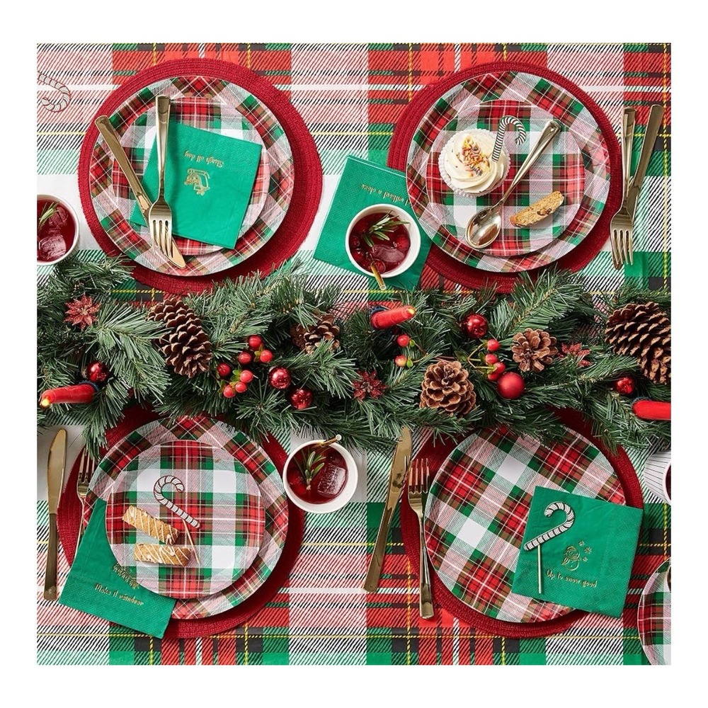 Coterie Green and Red Winter Plaid Paper Table Cloth 8.5ft x 4.5ft NWT